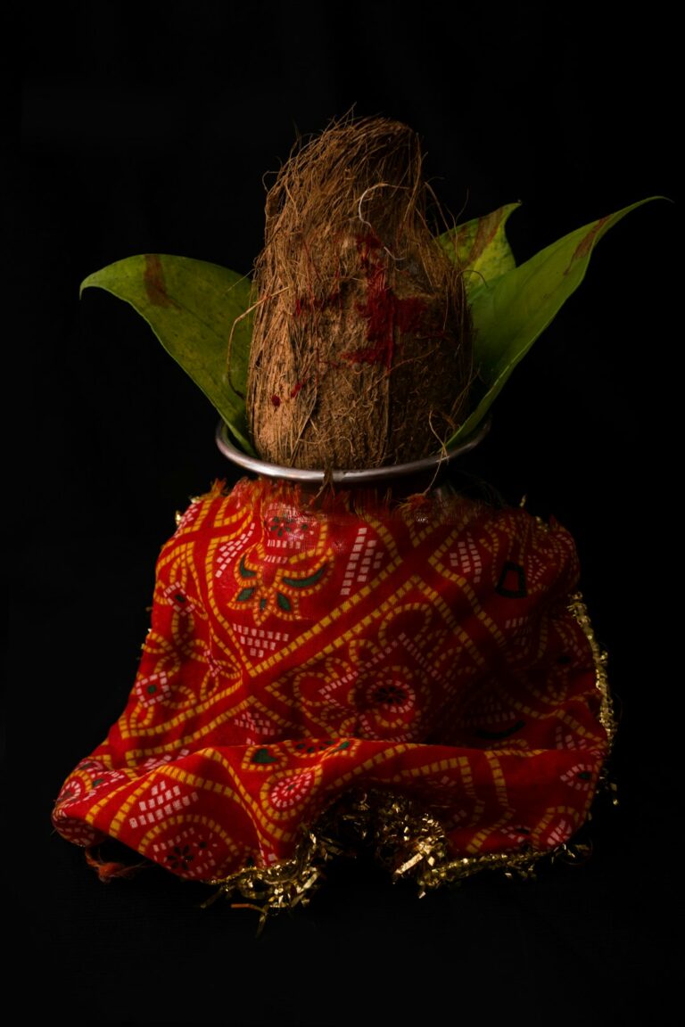 Indian Kalash with coconut and mango leaf on a black background. Essential in Hindu Puja.