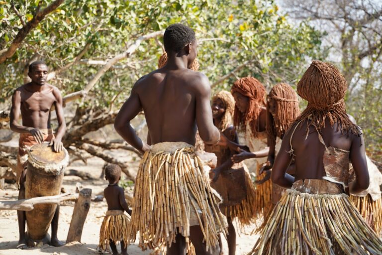 Tribal people performing for the tourist in Rundu, Okavango, Namibia.