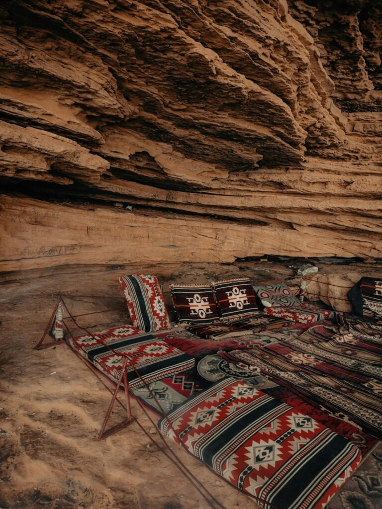 a bed in a cave