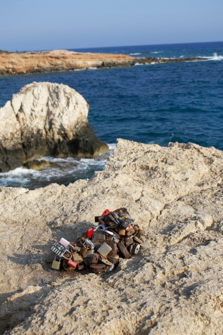 a group of people sitting on a rocky beach