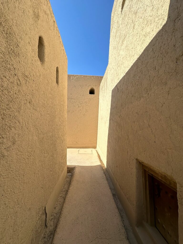 a narrow alley between two buildings with a sky background