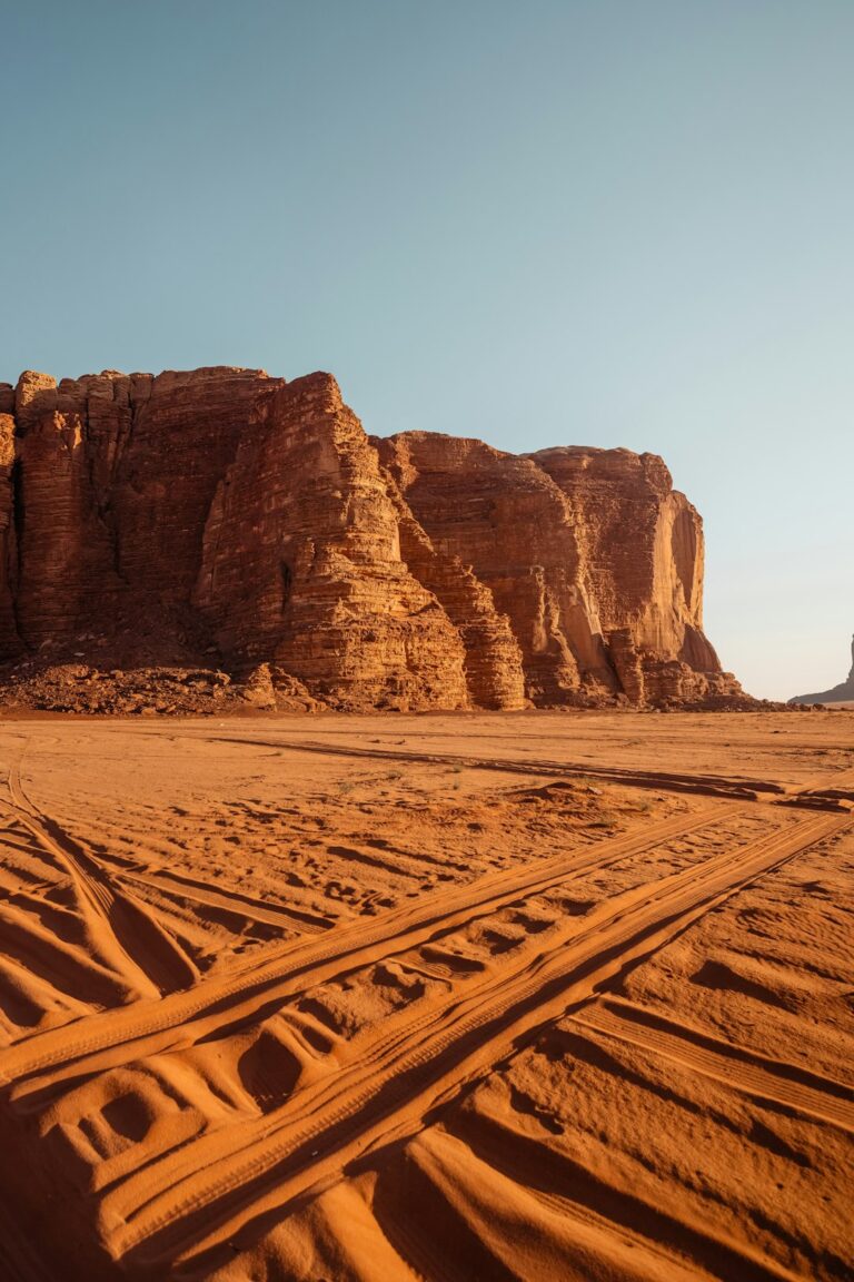 a desert landscape with a rock formation and tracks in the sand