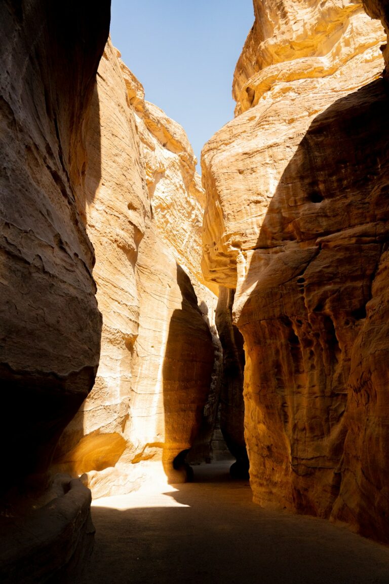 A narrow canyon path illuminated by sunlight.
