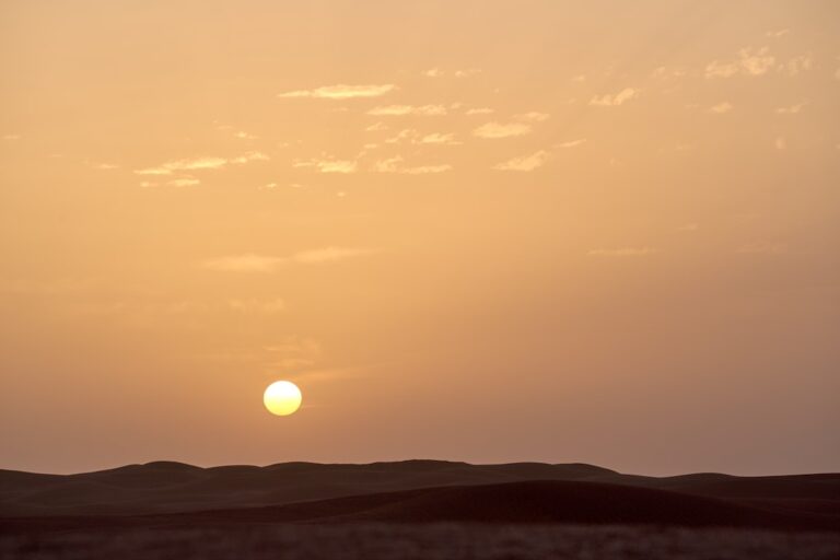 the sun is setting over the horizon of a desert